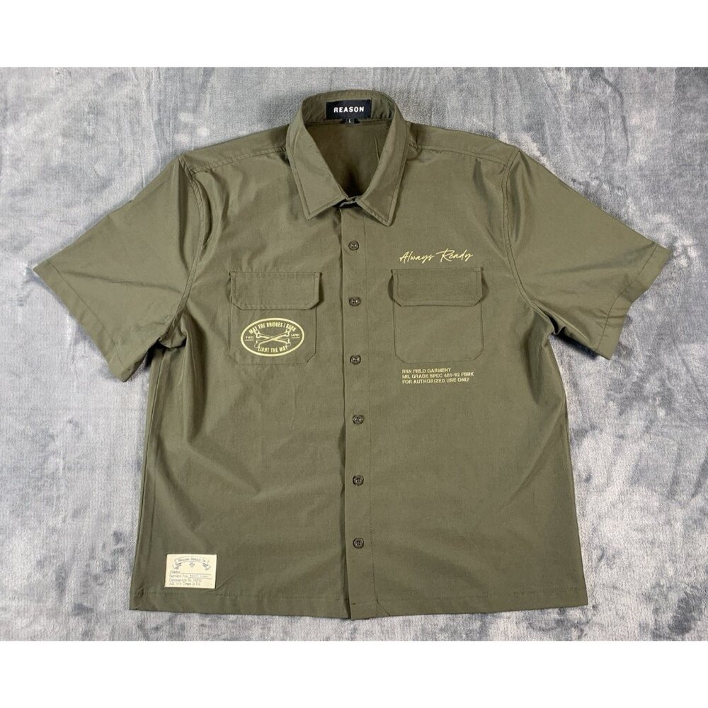 REASON Button Up Shirt Tables Turn Bridges Burn Men's L Military All Over Print